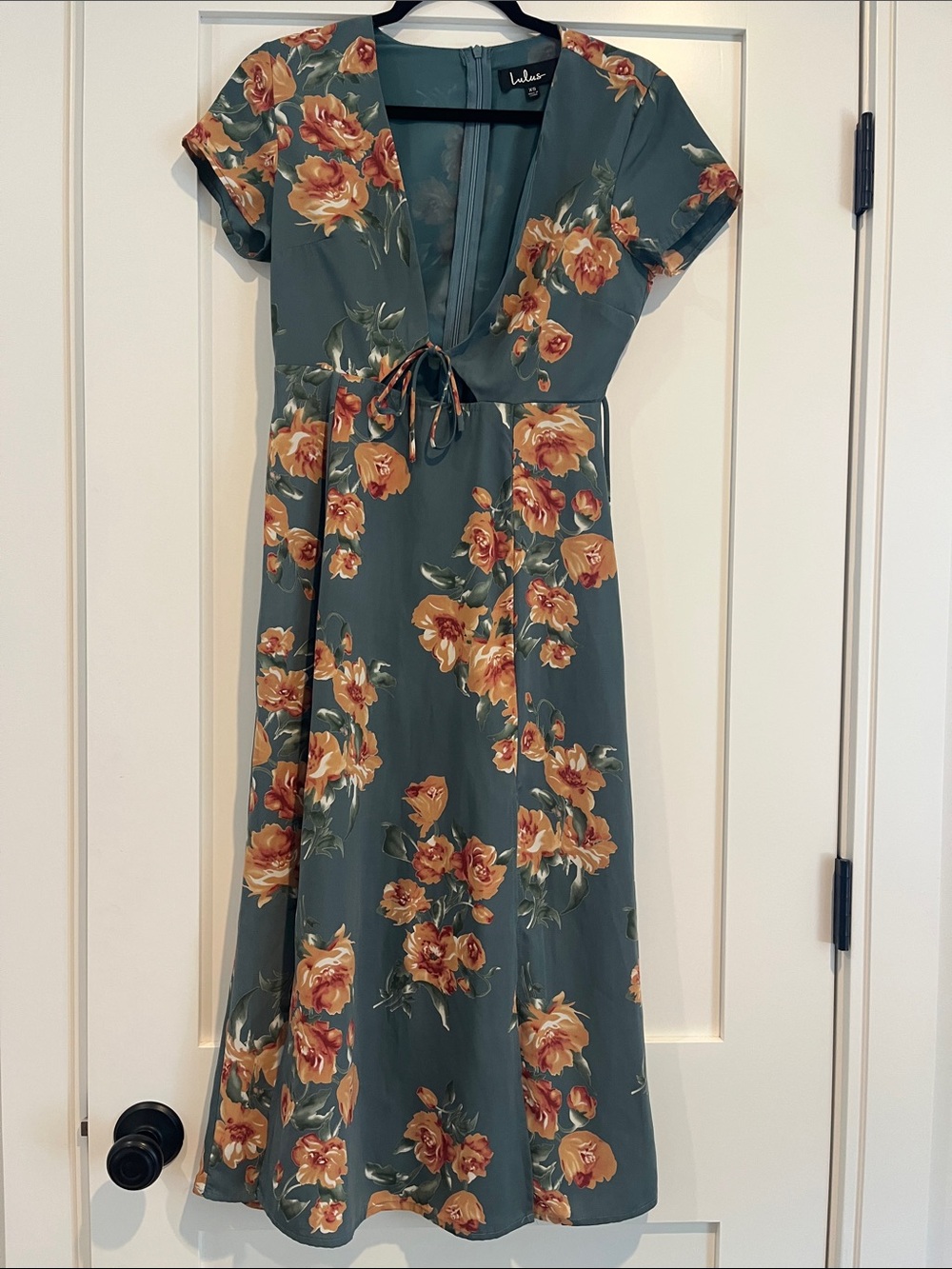 Lulu's Blue and Orange Floral Tie-Waist Midi Dress
